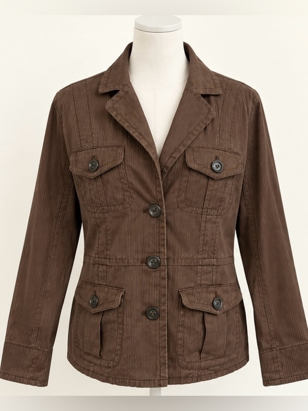 Chico’s Brown Pinstripe Utility Blazer Jacket Size 1 Four Pocket Stretch